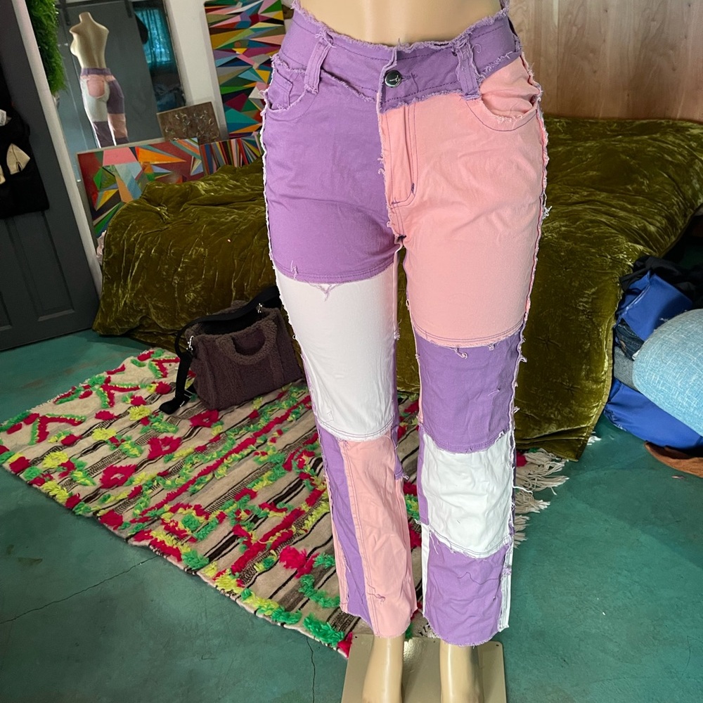 Tri color patchwork high rise jeans NWOT